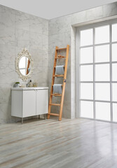 Modern bath room corner, white cabinet and sink, mirror and decorative objects.
