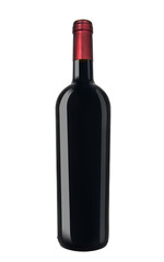 Isolated red wine bottle with red stopper.