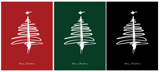 Fototapeta na wymiar Merry Christmas Vector Card. White Christmas Tree Isolated on a Red, Green and Black Background. Christmas Illustration in 3 Different Colors. Print with Tree Made of Ink Line and Xmas Wishes.