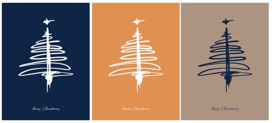 Fototapeta na wymiar Merry Christmas Vector Card. Christmas Tree Isolated on a Dark Blue, orange and Beige Background. Christmas Illustration in 3 Different Colors. Print with Tree Made of Ink Line and Xmas Wishes.