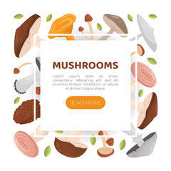 Obraz na płótnie Canvas Mushrooms web banner. Forest edible mushrooms landing page, website interface cartoon vector