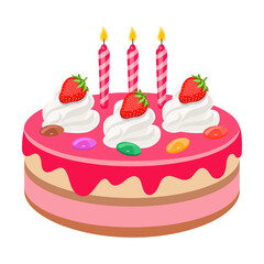 Birthday cake with strawberries and cream with candles cartoon vector illustration. Delicious chocolate cake or pie isolated on white background