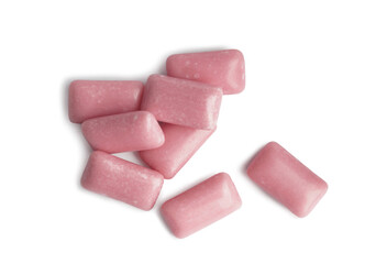 Heap of tasty sweet chewing gums on white background, top view