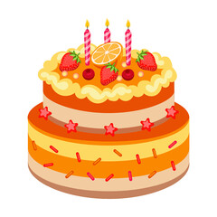 Birthday biscuit cake with candles cartoon vector illustration. Delicious chocolate cake or pie isolated on white background
