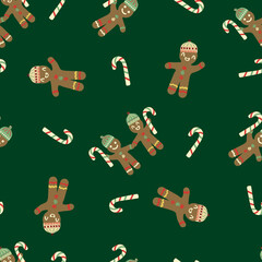 Cute gingerbread men wearing hats, candy canes vector pattern background.Traditional Christmas laughing cookie character motifs and sweet sticks green backdrop. Fun festive style for Holidays.