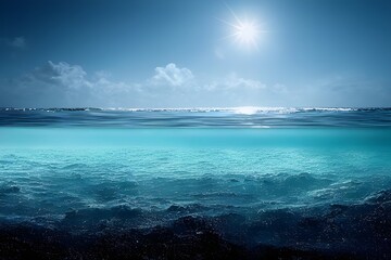 Split level view. Half underwater. Sparkling waves. Summer scene. 