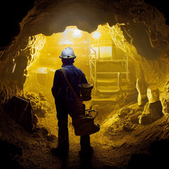 Miner working in a mine with gold ore