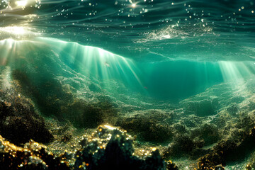 Split level view. Half underwater. Sparkling waves. Summer scene. 