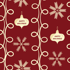 Happy Holidays Christmas snowflake, bauble and doodle loop vector seamless pattern background. Red white backdrop with looping doodle lines and winter decoration. Hand drawn festive greeting