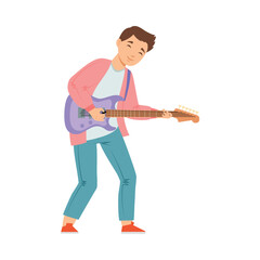 Smiling Teen Boy Standing and Playing Electric Guitar Performing on Stage Vector Illustration