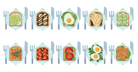 Toasts on plates with cutlery vector illustrations set. Collection of cartoon drawings of slices of bread with different toppings isolated on white background. Food, healthy breakfast, morning concept