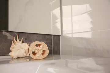 Natural loofah sponge and seashell on washbasin in bathroom, space for text