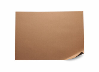 Empty kraft paper sheet with curved corner isolated on white, top view