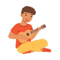 Smiling Teen Boy Sitting and Playing Ukulele Performing on Stage Vector Illustration