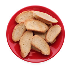 Plate of hard chuck crackers on white background, top view