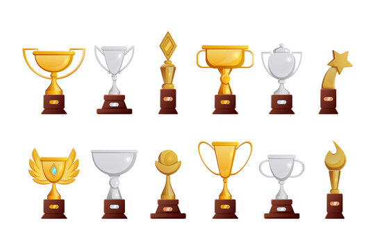Gold, silver and bronze trophies vector illustrations set. Prizes or awards for sports competitions or contests isolated on white background. Victory, success, achievement, sports concept