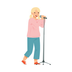 Teen Blond Girl Standing and Singing with Microphone Performing on Stage Vector Illustration