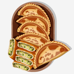 Vector illustration of Chinese food Chive pockets on a wooden tray isolated on white.