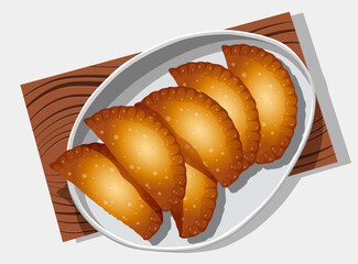 Vector illustration of Latin American food empanada in white plate on the wooden tray isolated on white.