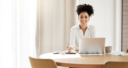 Portrait, black woman and desk for business, laptop and startup company planning on internet research. Female entrepreneur, African American girl online for marketing, strategy and smile with mockup