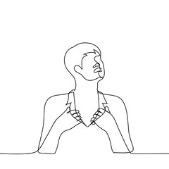 man holding his shirt - one line drawing vector. concept stuffiness, heat