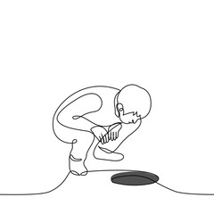 man squatted down and looks into a round hole - one line drawing vector. concept a manhole without a lid, a hole in the ice