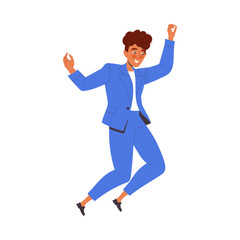 Cheerful Man Character in Blue Suit Jumping with Joy Celebrating New Year Holiday Vector Illustration