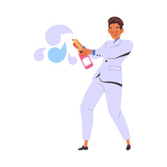 Obraz na płótnie Canvas Cheerful Man Character Popping Champagne Bottle Celebrating New Year Holiday Vector Illustration