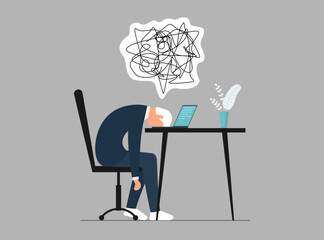 Professional burnout at work and chaos in head. Tired and overworked man manager at office workplace lies face down on laptop. Frustrated worker mental health problems. Vector eps illustration