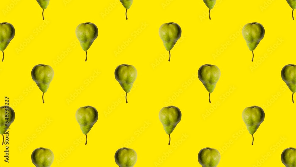 Poster pears in seamless loop pattern on a yellow background. exotic fruits in seamless loop animation. end