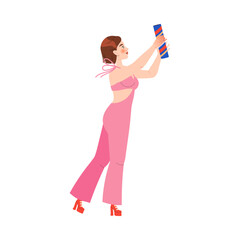 Cheerful Woman Character with Firecracker or Party Popper Celebrating New Year Holiday Vector Illustration