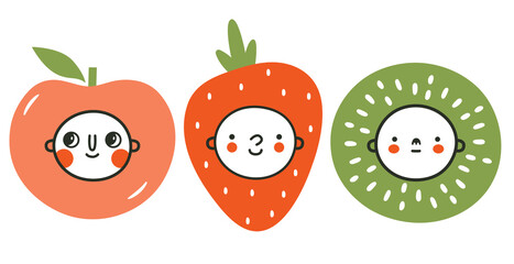 Chidren set of cliparts with baby faces, kawaii' fruits. Vector cute illustrations with apple, strawberry, kiwi for logo, card, baby shower, kids' merch, sticker. Different kids emotions.