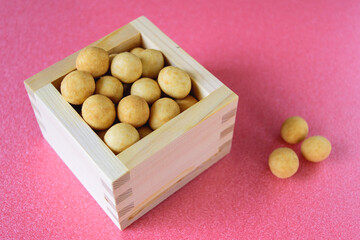 Japanese style washi paper Japan New Year Bean sowing setsubun beans and masu Background material