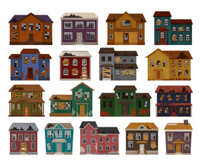 Abandoned Houses and Two-storeyed Buildings with Boarded up Windows and Ruined Roof Big Vector Set