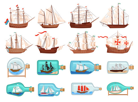 Ancient ship boat with white canvas and old miniature vessels in bottles set. Sailboat souvenirs cartoon vector