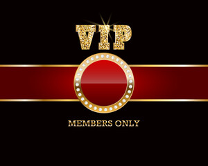 Gold VIP banner. VIP invitation template. Golden shiny letters and diamonds.