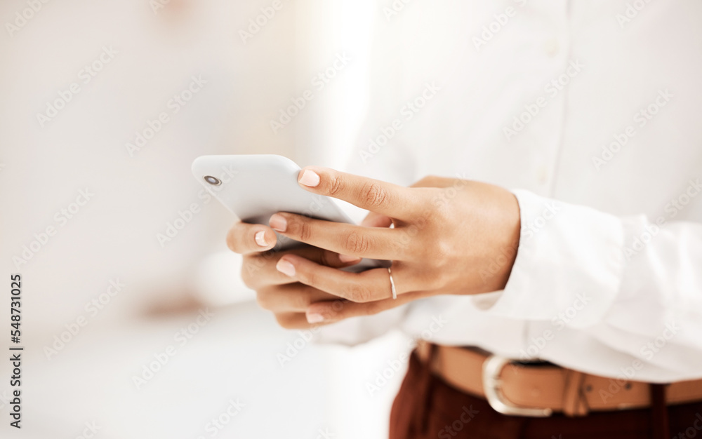 Poster hands, phone and social media texting for communication or chatting against a blurred background. ha