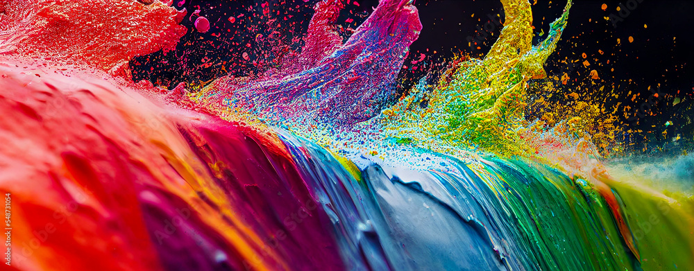 Wall mural panorama exploding liquid paint in rainbow colors with splashes header 10 generative ai illustration