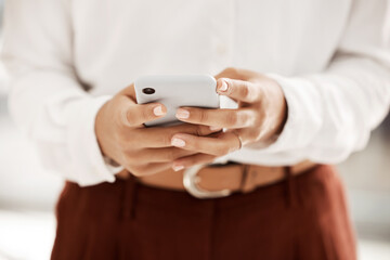 Zoom, hands or black woman with phone for networking, communication or social media app. Corporate, employee or girl hand with smartphone typing, social network or reading email on mobile contact us
