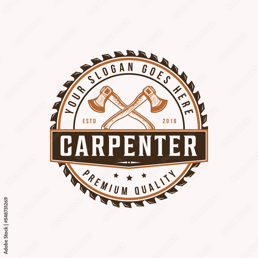 Wall mural set of vintage carpentry and hammer mechanic labels, emblems, and logo