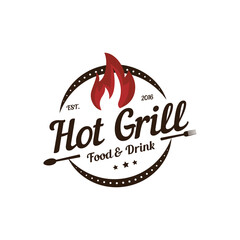 Fototapeta premium Barbecue restaurant - Logo icon of Barbecue, Grill, and Bar with fire, grill fork and spatula, BBQ logo template, Vector illustration vintage style