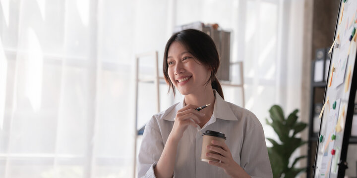 Busy Woman Office, Young Attractive Businesswoman Getting Ready For Work In The Morning. Asian Woman.