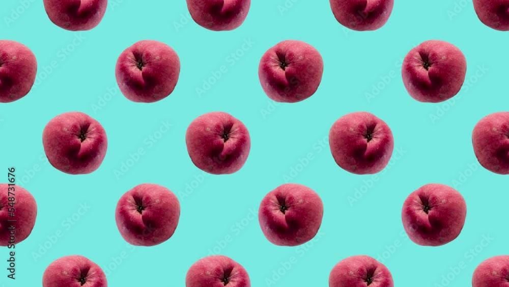 Aufkleber red apples in geometric grid in seamless loop pattern on a coral background. exotic fruits in seamle
