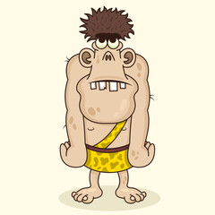 Giant Funny cartoon caveman. Cute humorous prehistoric character. Vector cave dweller. Design for print, emblem, t-shirt, halloween or fantasy party decoration, sticker.