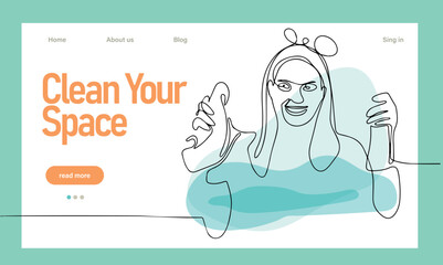 Home cleaning service landing page design concept, illustration of janitors with cleaning tools. Vector illustration