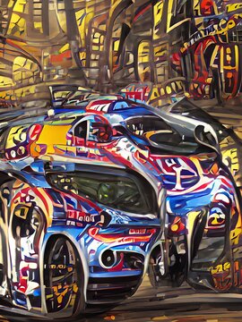 motorsport car racing  painting in many colors.