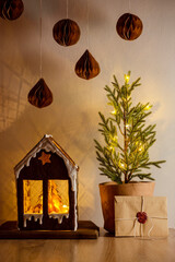 Gingerbread house and homemade eco Christmas decor.