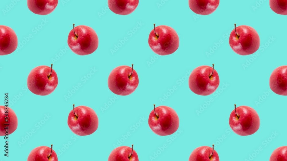 Aufkleber red apples in geometric grid in seamless loop pattern on a light blue background. exotic fruits in s