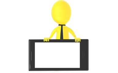 3d yellow character presenting a smartphone