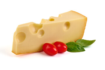 Piece of emmental masdaam hollandes cheese isolated on white background